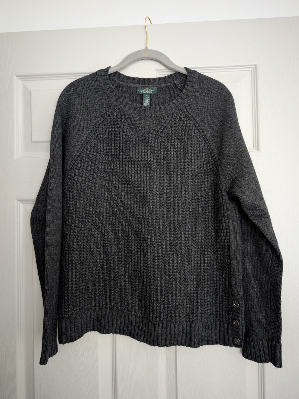Ralph Lauren Gray Crewneck Sweater With Button Detail. Size M